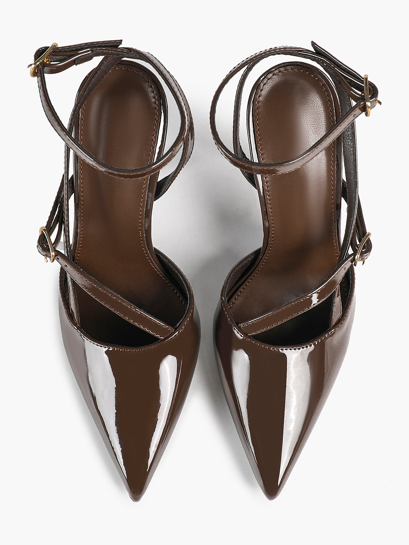 Brown Patent Leather Crisscross Ankle Strap Heels Retro Stilettos for Office, Party