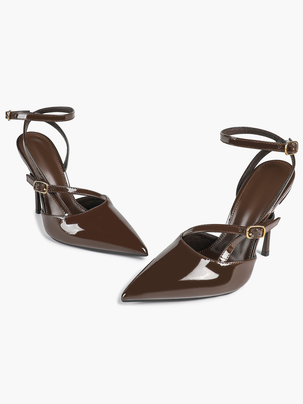 Brown Patent Leather Crisscross Ankle Strap Heels Retro Stilettos for Office, Party