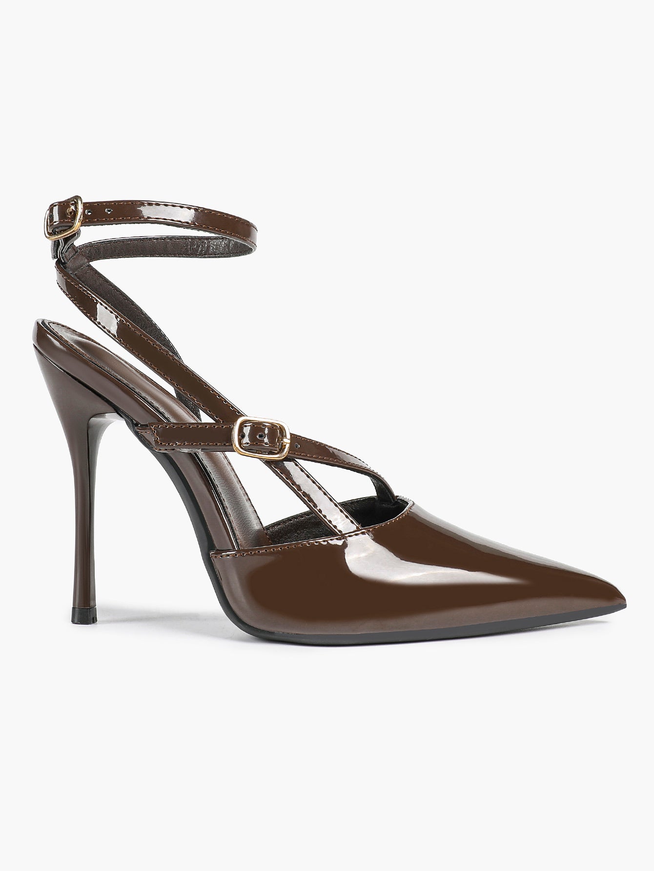 Brown Patent Leather Crisscross Ankle Strap Heels Retro Stilettos for Office, Party