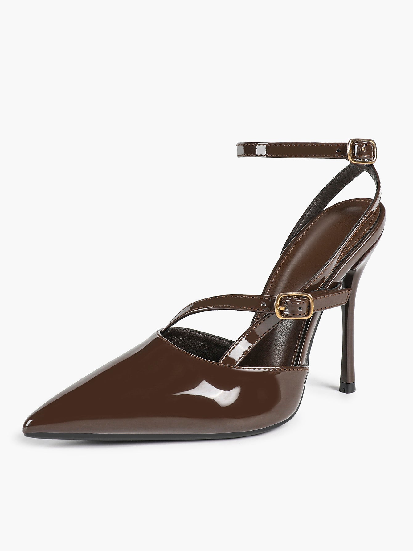 Brown Patent Leather Crisscross Ankle Strap Heels Retro Stilettos for Office, Party