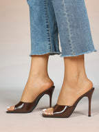 Leather Square Toe High Heel Mules Slip-On Stiletto Sandals Wedding Casual Shoes
