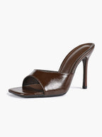 Leather Square Toe High Heel Mules Slip-On Stiletto Sandals Wedding Casual Shoes