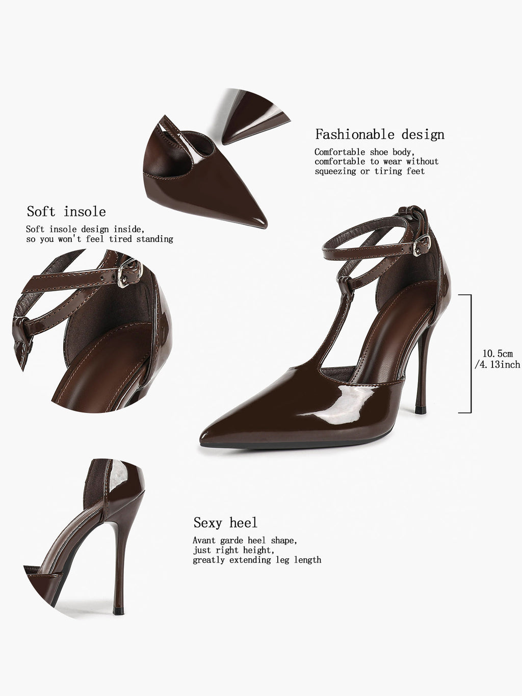 Dark Gloss T-Strap Pumps - Sculpted Pointed Toe Heels with a 4.13" Stiletto