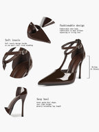 Dark Gloss T-Strap Pumps - Sculpted Pointed Toe Heels with a 4.13" Stiletto