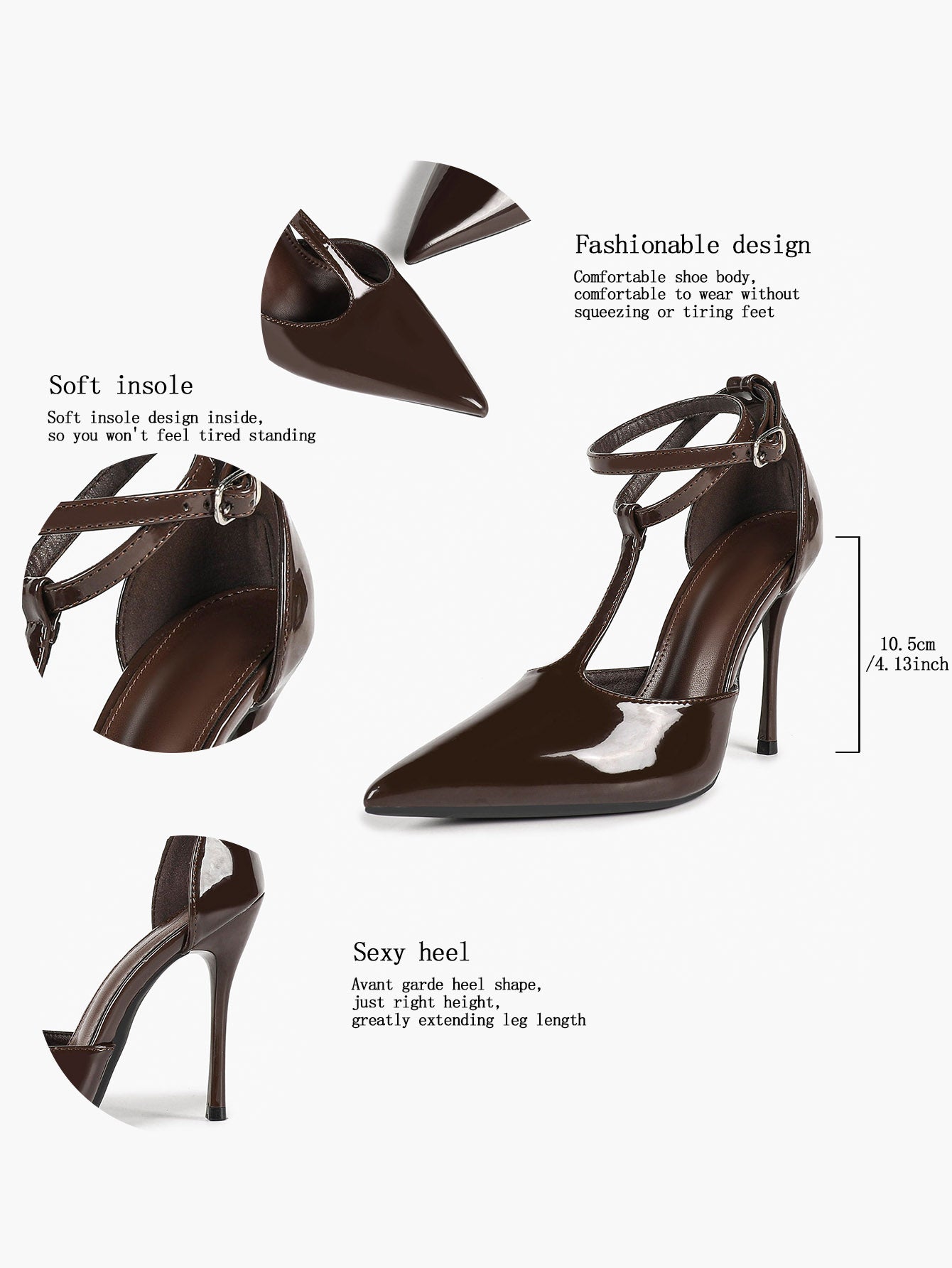 Dark Gloss T-Strap Pumps - Sculpted Pointed Toe Heels with a 4.13" Stiletto