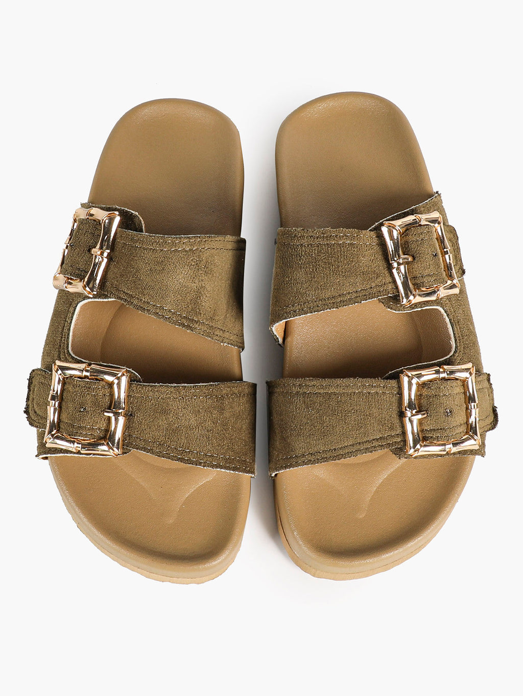 Camel Suede Double-Buckle Platform Slides with Textured Gold-Tone Hardware