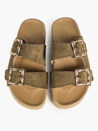 Camel Suede Double-Buckle Platform Slides with Textured Gold-Tone Hardware
