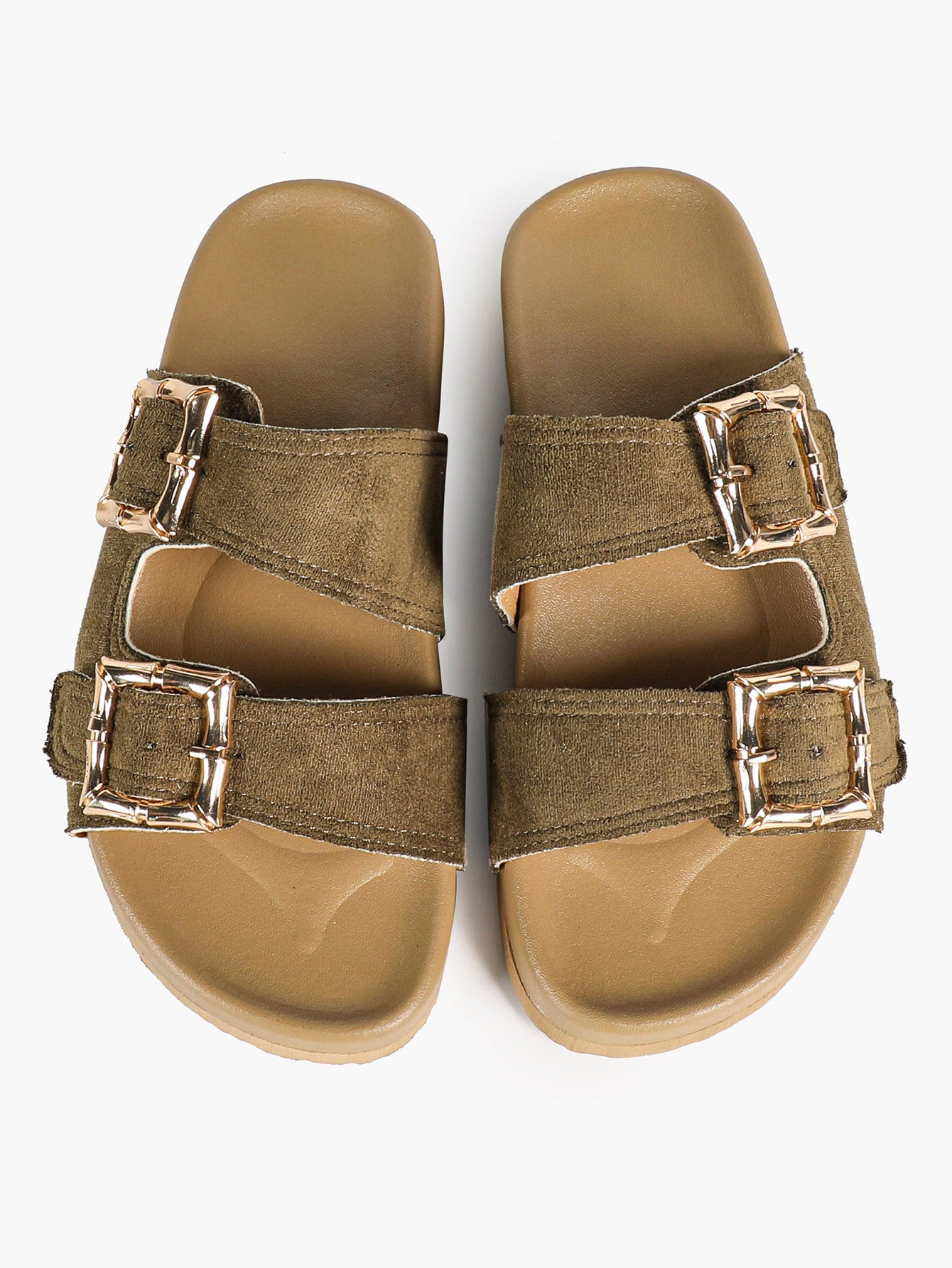 Camel Suede Double-Buckle Platform Slides with Textured Gold-Tone Hardware