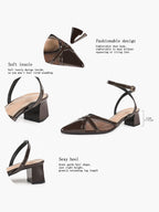 Chocolate Patent Mesh Pointed-Toe Slingback Shoes with Cross-Strap Detail