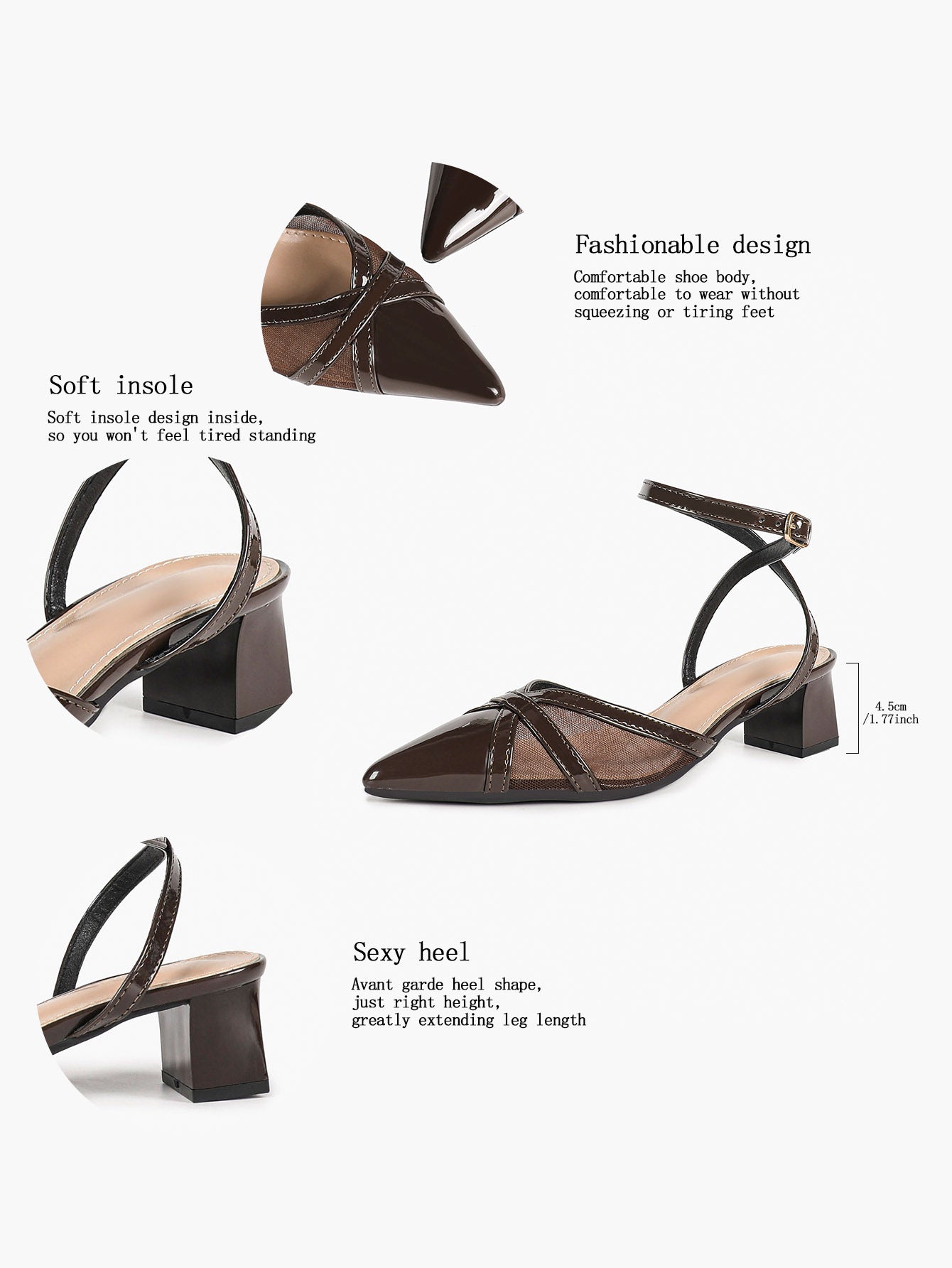 Chocolate Patent Mesh Pointed-Toe Slingback Shoes with Cross-Strap Detail