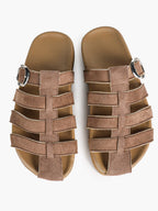 Camel Suede Woven Cage Slides with Silver-Tone Side Buckle