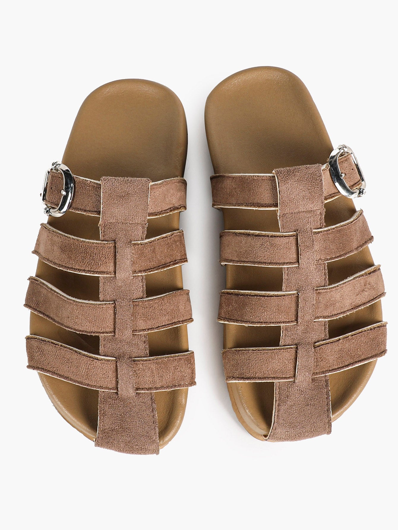 Camel Suede Woven Cage Slides with Silver-Tone Side Buckle