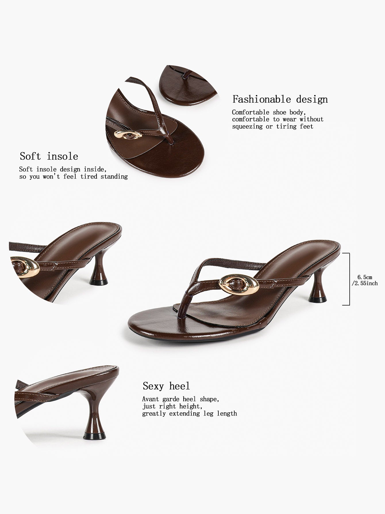 Brown Glossy Leather T-Strap Thong Mule Sandals Gold Ring Detail Kitten Heels Slip-On Soft Insole