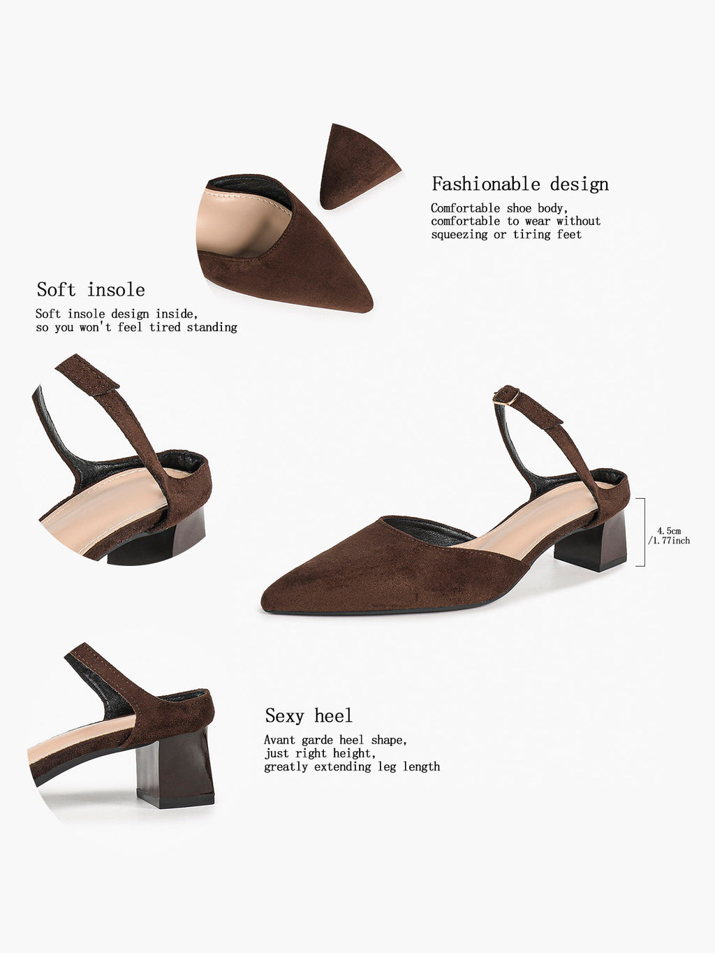 Brown Suede Pointed-Toe Slingback Pumps with Low Block Heel