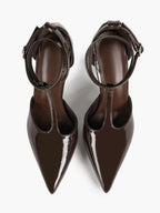 Dark Gloss T-Strap Pumps - Sculpted Pointed Toe Heels with a 4.13" Stiletto