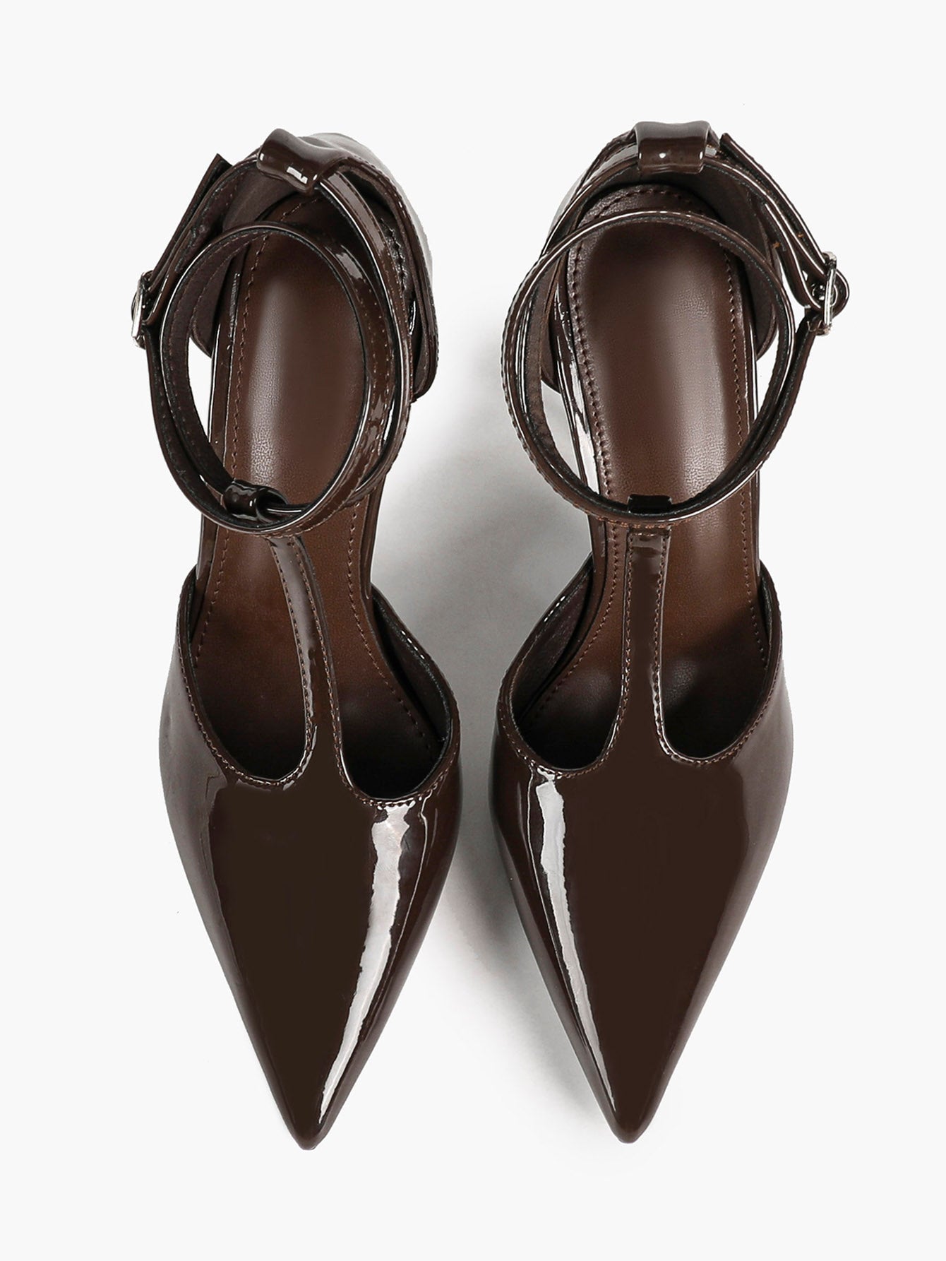 Dark Gloss T-Strap Pumps - Sculpted Pointed Toe Heels with a 4.13" Stiletto