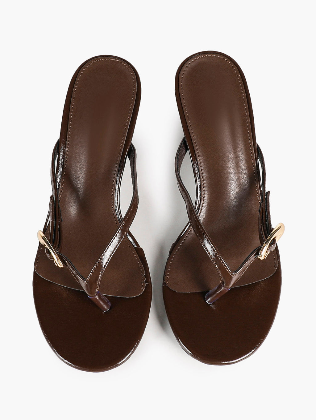 Brown Glossy Leather T-Strap Thong Mule Sandals Gold Ring Detail Kitten Heels Slip-On Soft Insole