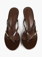 Brown Glossy Leather T-Strap Thong Mule Sandals Gold Ring Detail Kitten Heels Slip-On Soft Insole