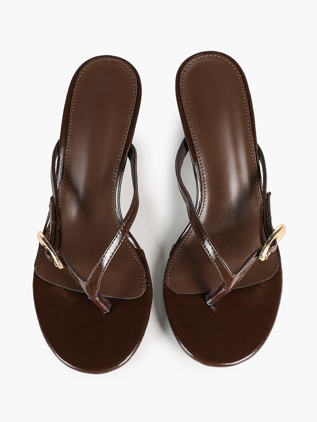 Brown Glossy Leather T-Strap Thong Mule Sandals Gold Ring Detail Kitten Heels Slip-On Soft Insole