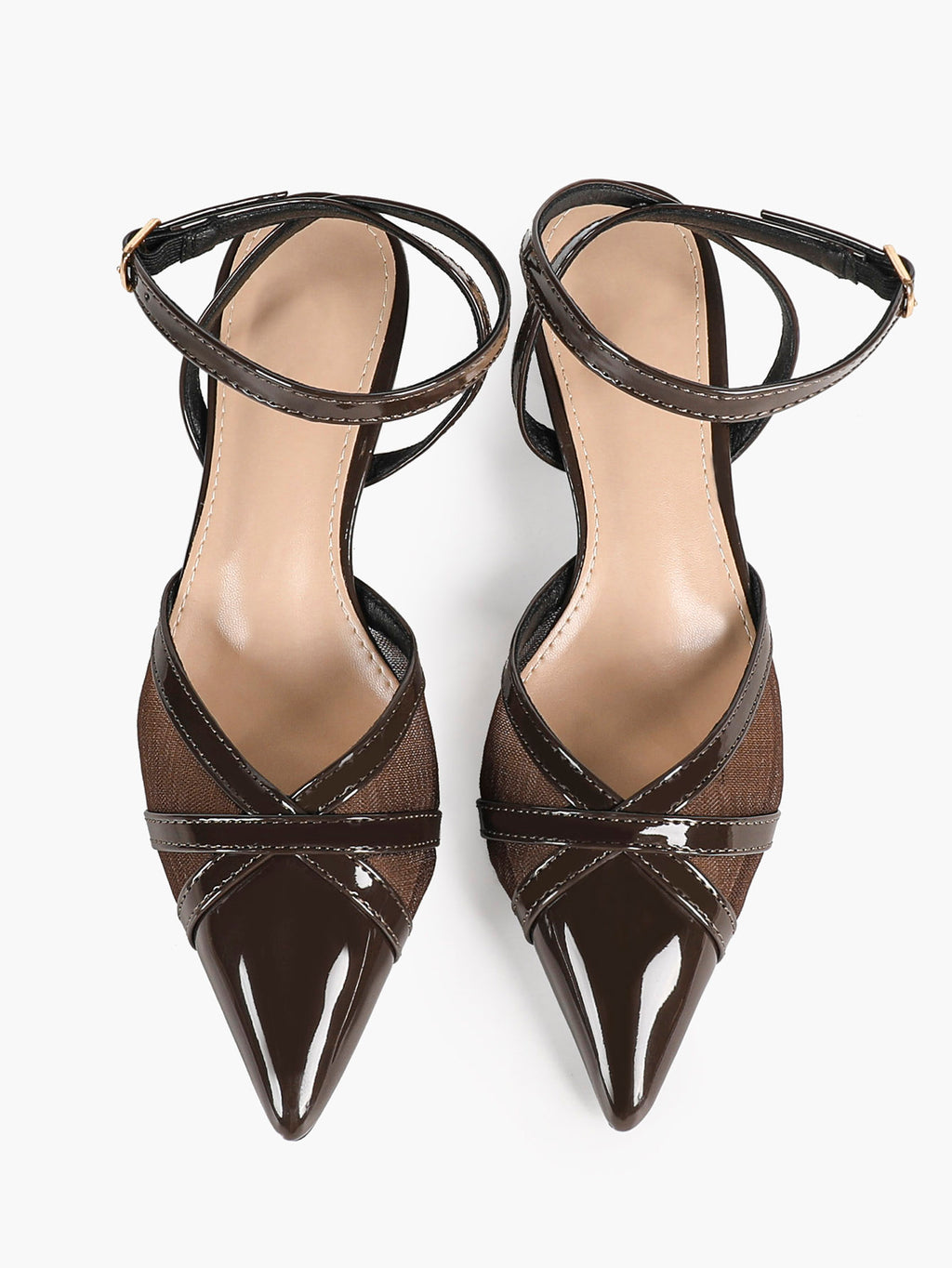 Chocolate Patent Mesh Pointed-Toe Slingback Shoes with Cross-Strap Detail