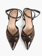 Chocolate Patent Mesh Pointed-Toe Slingback Shoes with Cross-Strap Detail