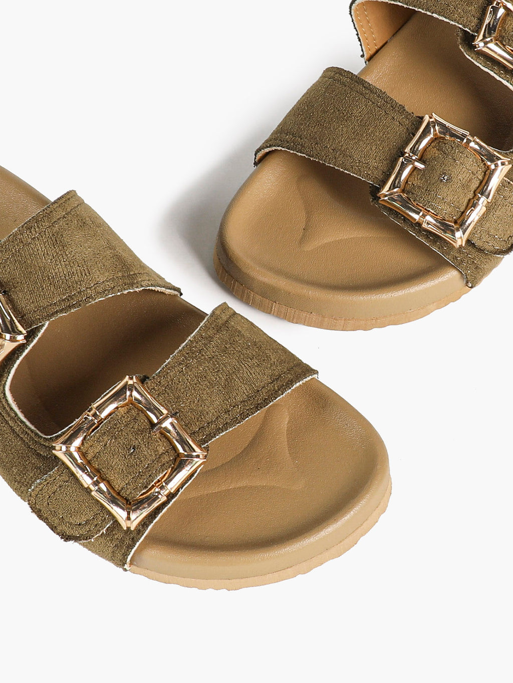 Camel Suede Double-Buckle Platform Slides with Textured Gold-Tone Hardware