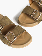Camel Suede Double-Buckle Platform Slides with Textured Gold-Tone Hardware