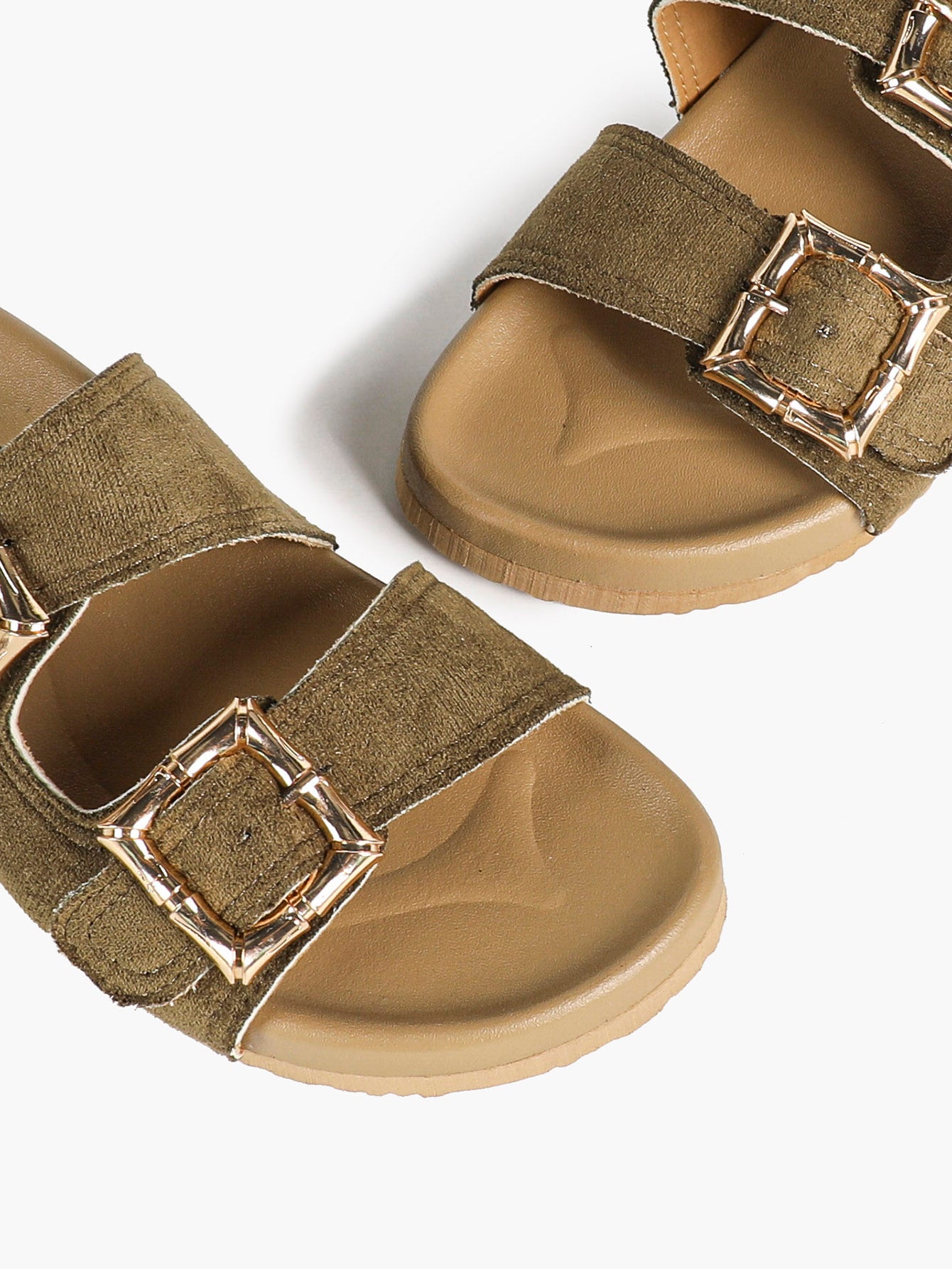 Camel Suede Double-Buckle Platform Slides with Textured Gold-Tone Hardware
