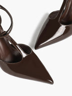 Dark Gloss T-Strap Pumps - Sculpted Pointed Toe Heels with a 4.13" Stiletto