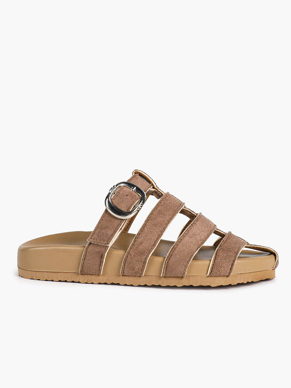 Camel Suede Woven Cage Slides with Silver-Tone Side Buckle