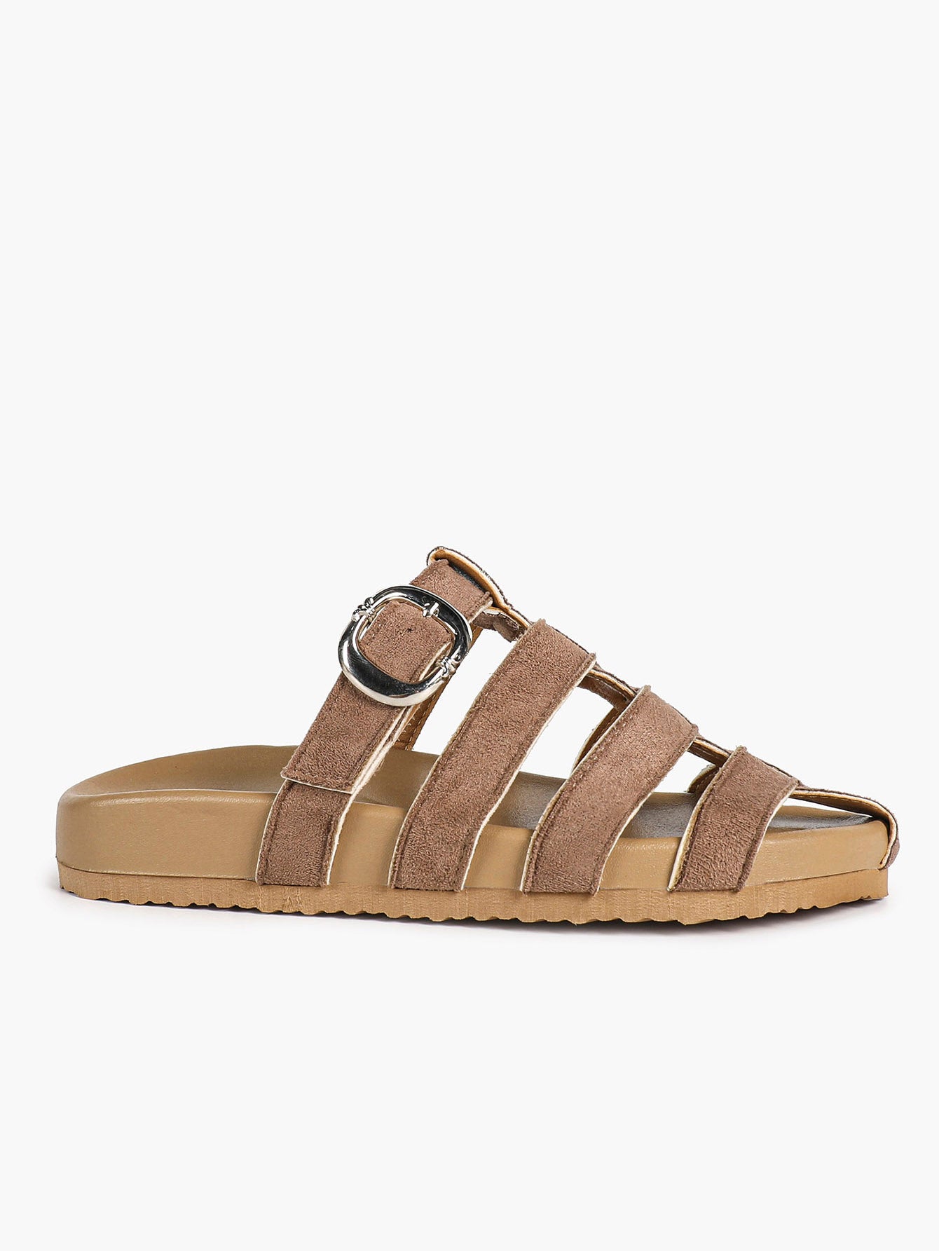 Camel Suede Woven Cage Slides with Silver-Tone Side Buckle