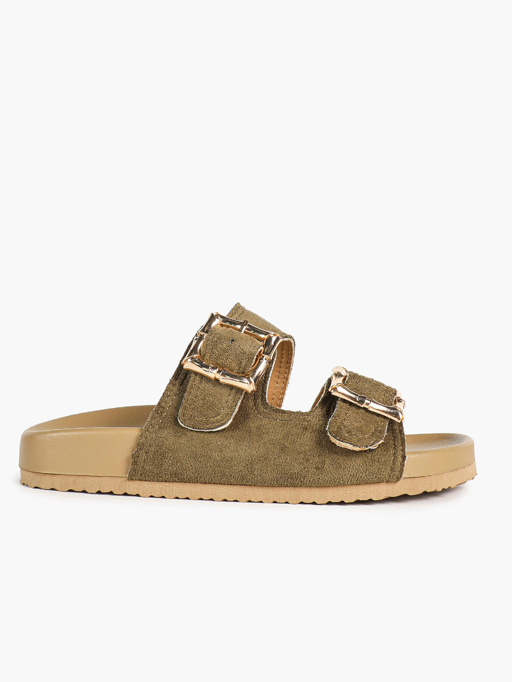 Camel Suede Double-Buckle Platform Slides with Textured Gold-Tone Hardware