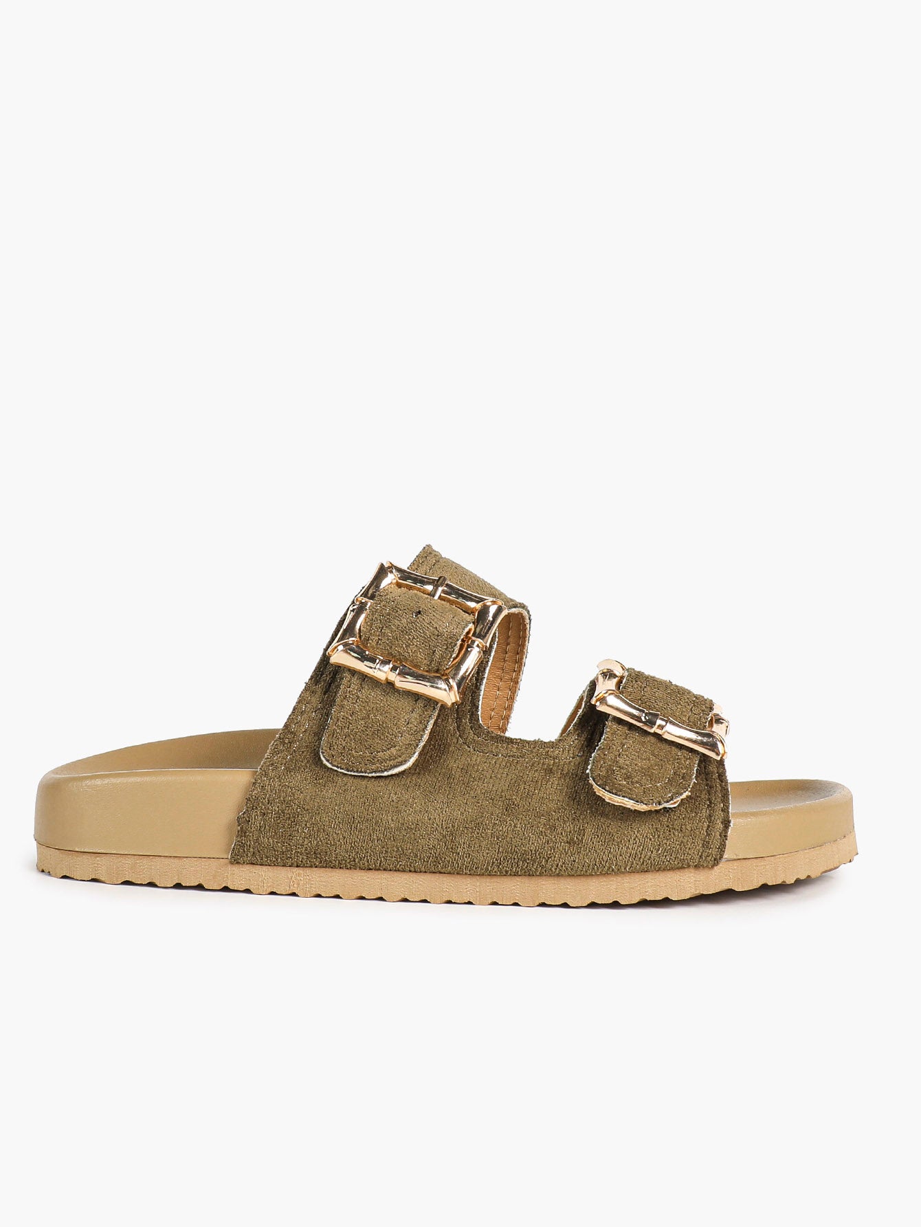 Camel Suede Double-Buckle Platform Slides with Textured Gold-Tone Hardware
