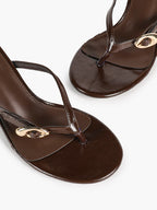 Brown Glossy Leather T-Strap Thong Mule Sandals Gold Ring Detail Kitten Heels Slip-On Soft Insole