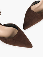 Brown Suede Pointed-Toe Slingback Pumps with Low Block Heel