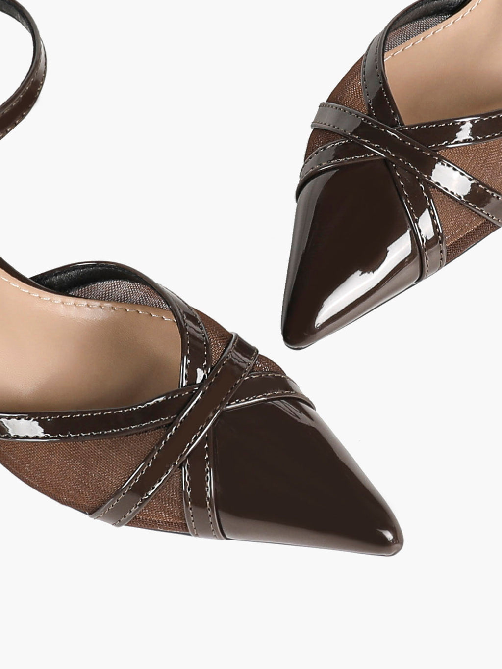 Chocolate Patent Mesh Pointed-Toe Slingback Shoes with Cross-Strap Detail