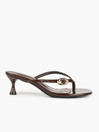 Brown Glossy Leather T-Strap Thong Mule Sandals Gold Ring Detail Kitten Heels Slip-On Soft Insole