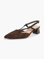 Red Patent V-Strap Slingback Heels with Pointed Toe and Low Block Heel
