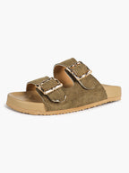 Camel Suede Double-Buckle Platform Slides with Textured Gold-Tone Hardware