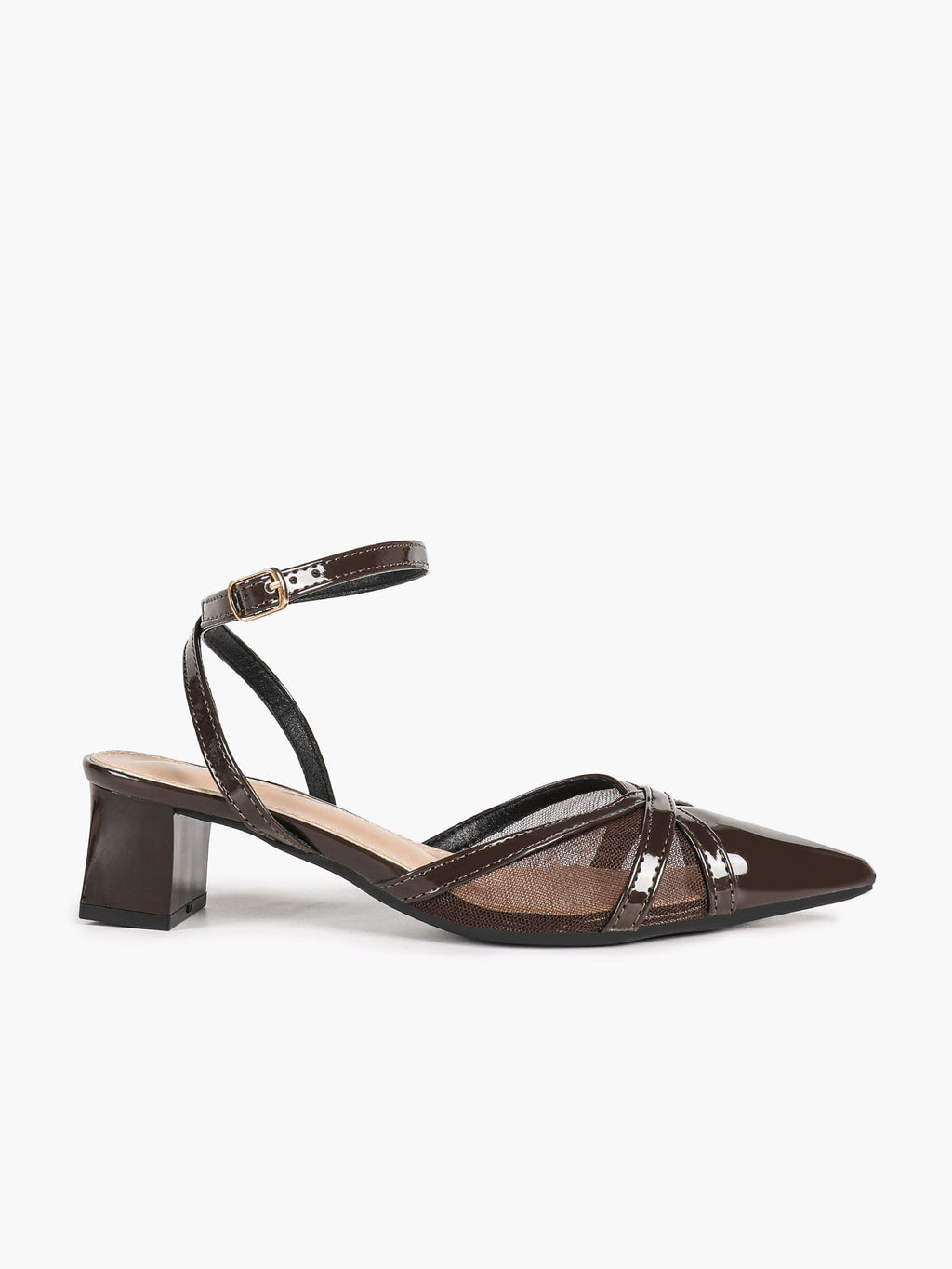 Chocolate Patent Mesh Pointed-Toe Slingback Shoes with Cross-Strap Detail