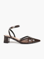 Chocolate Patent Mesh Pointed-Toe Slingback Shoes with Cross-Strap Detail