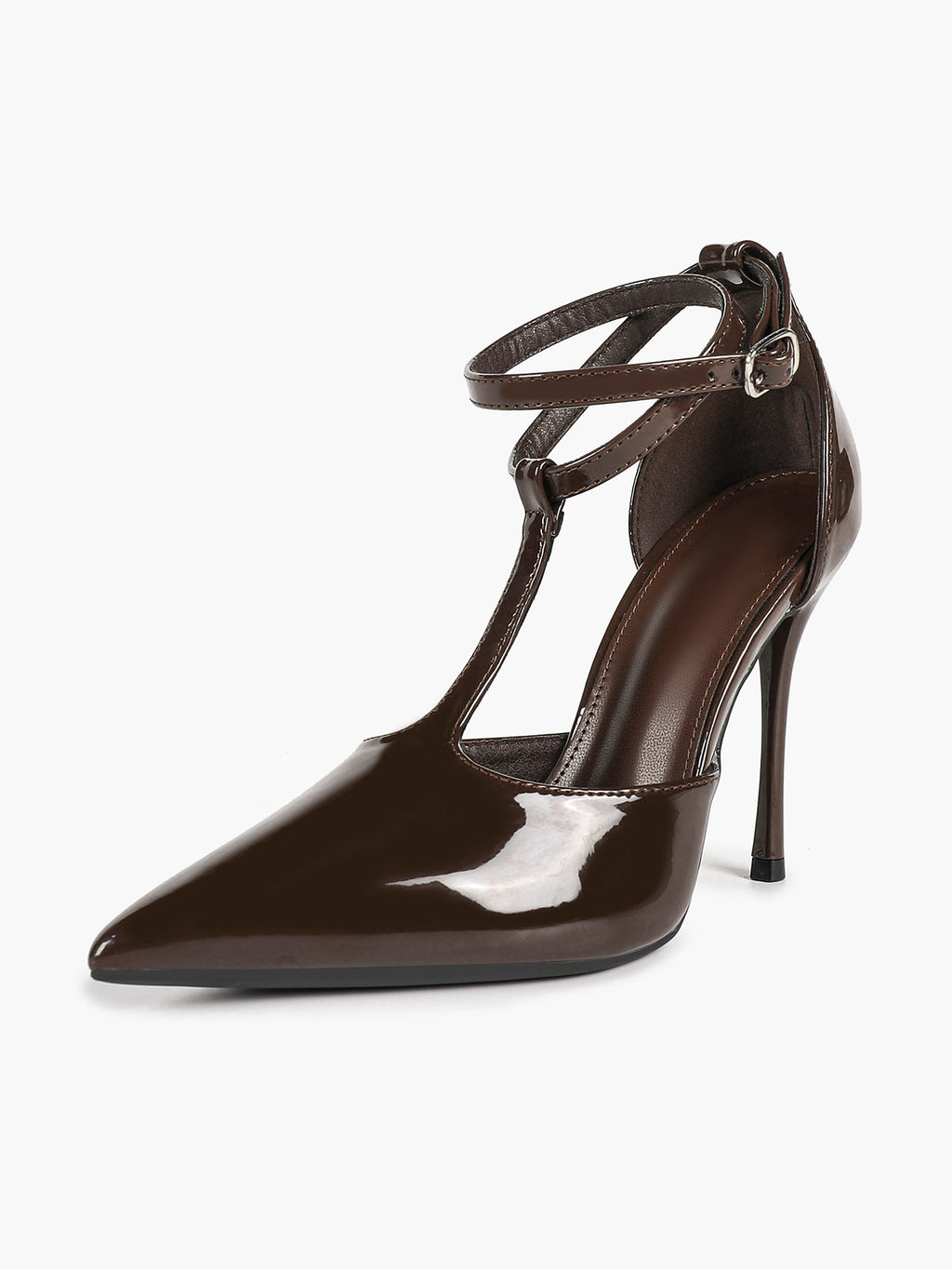 Dark Gloss T-Strap Pumps - Sculpted Pointed Toe Heels with a 4.13" Stiletto
