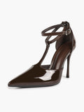 Dark Gloss T-Strap Pumps - Sculpted Pointed Toe Heels with a 4.13" Stiletto