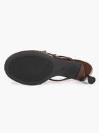 Brown Glossy Leather T-Strap Thong Mule Sandals Gold Ring Detail Kitten Heels Slip-On Soft Insole