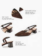 Red Patent V-Strap Slingback Heels with Pointed Toe and Low Block Heel
