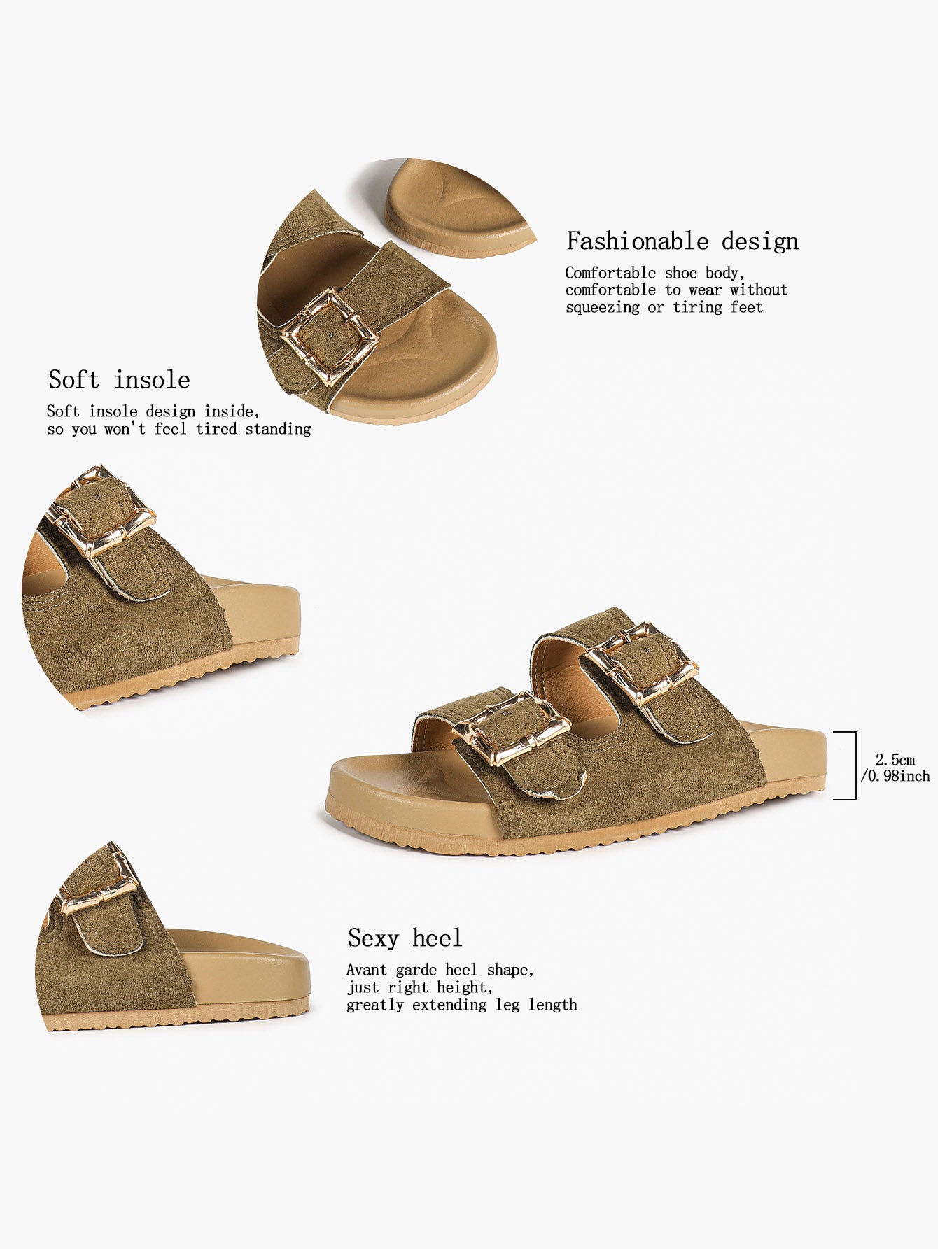 Camel Suede Double-Buckle Platform Slides with Textured Gold-Tone Hardware