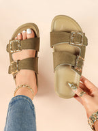 Camel Suede Double-Buckle Platform Slides with Textured Gold-Tone Hardware