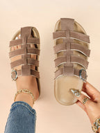 Camel Suede Woven Cage Slides with Silver-Tone Side Buckle