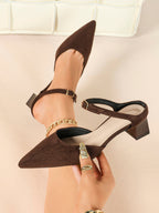 Brown Suede Pointed-Toe Slingback Pumps with Low Block Heel