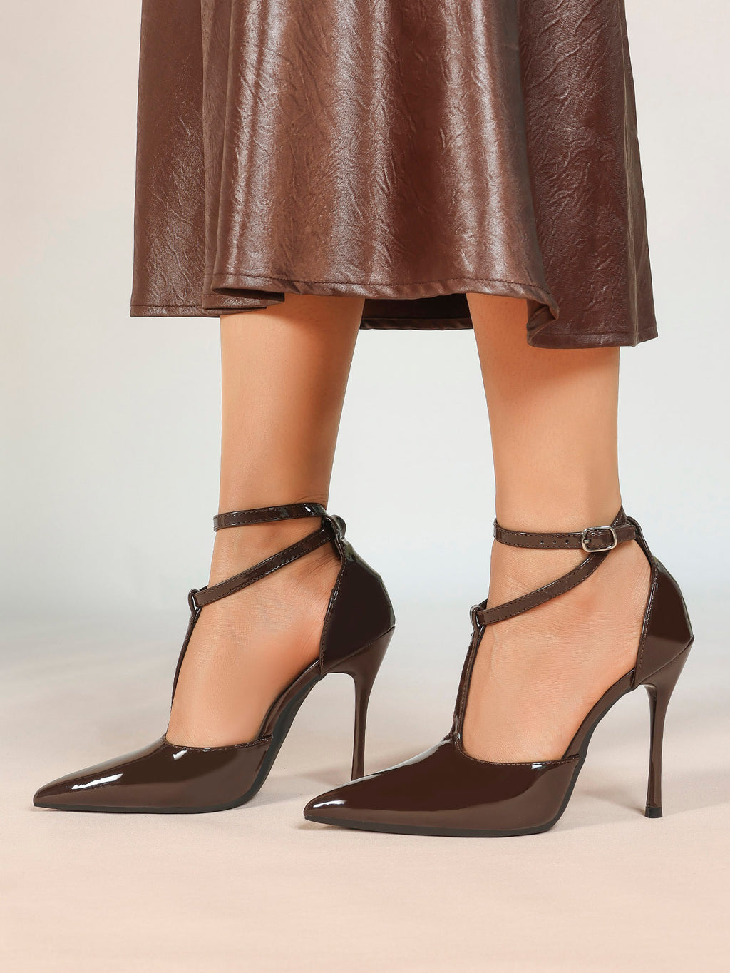 Dark Gloss T-Strap Pumps - Sculpted Pointed Toe Heels with a 4.13" Stiletto